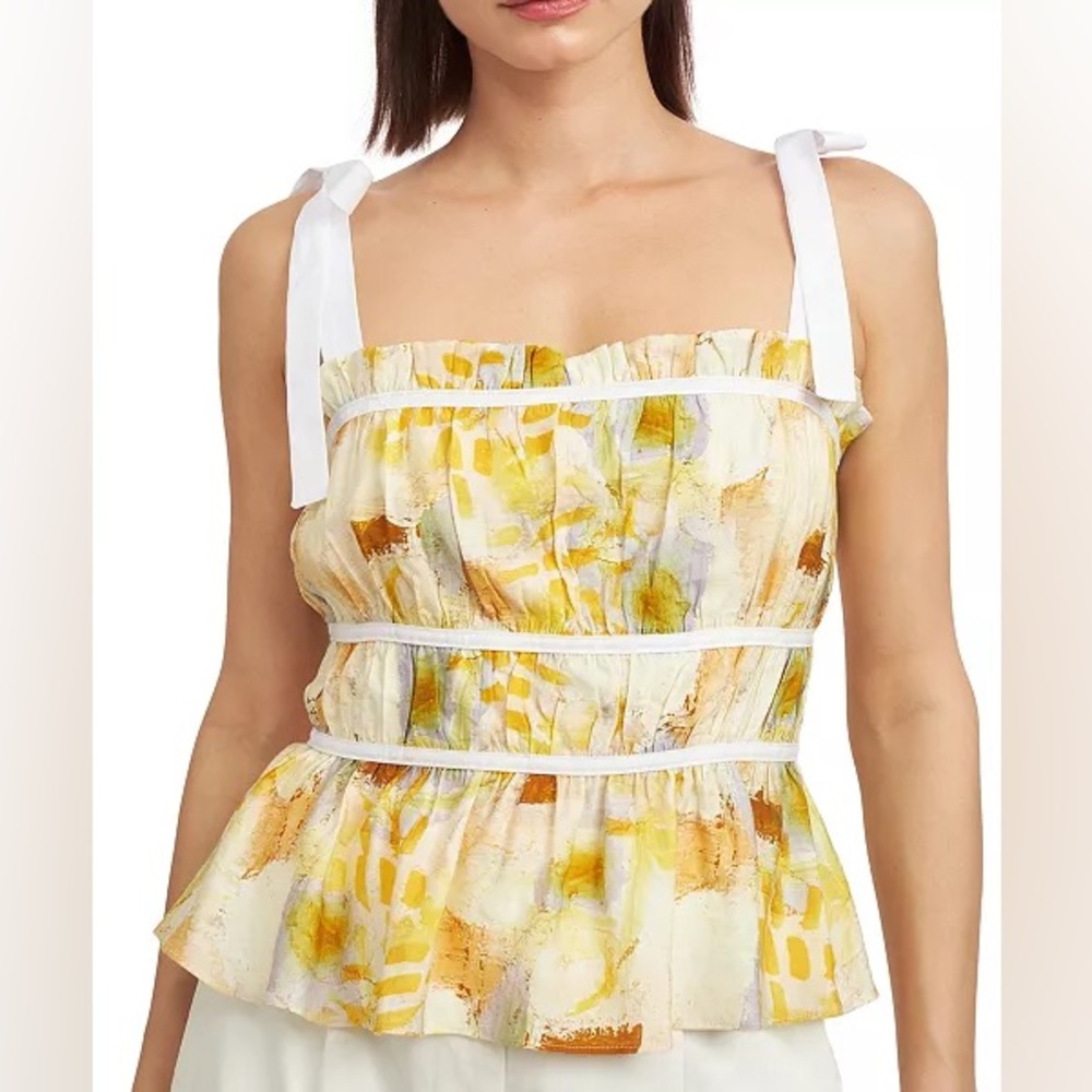 En Saison Yellow White Watercolor Tie-Strap Peplum Blouse